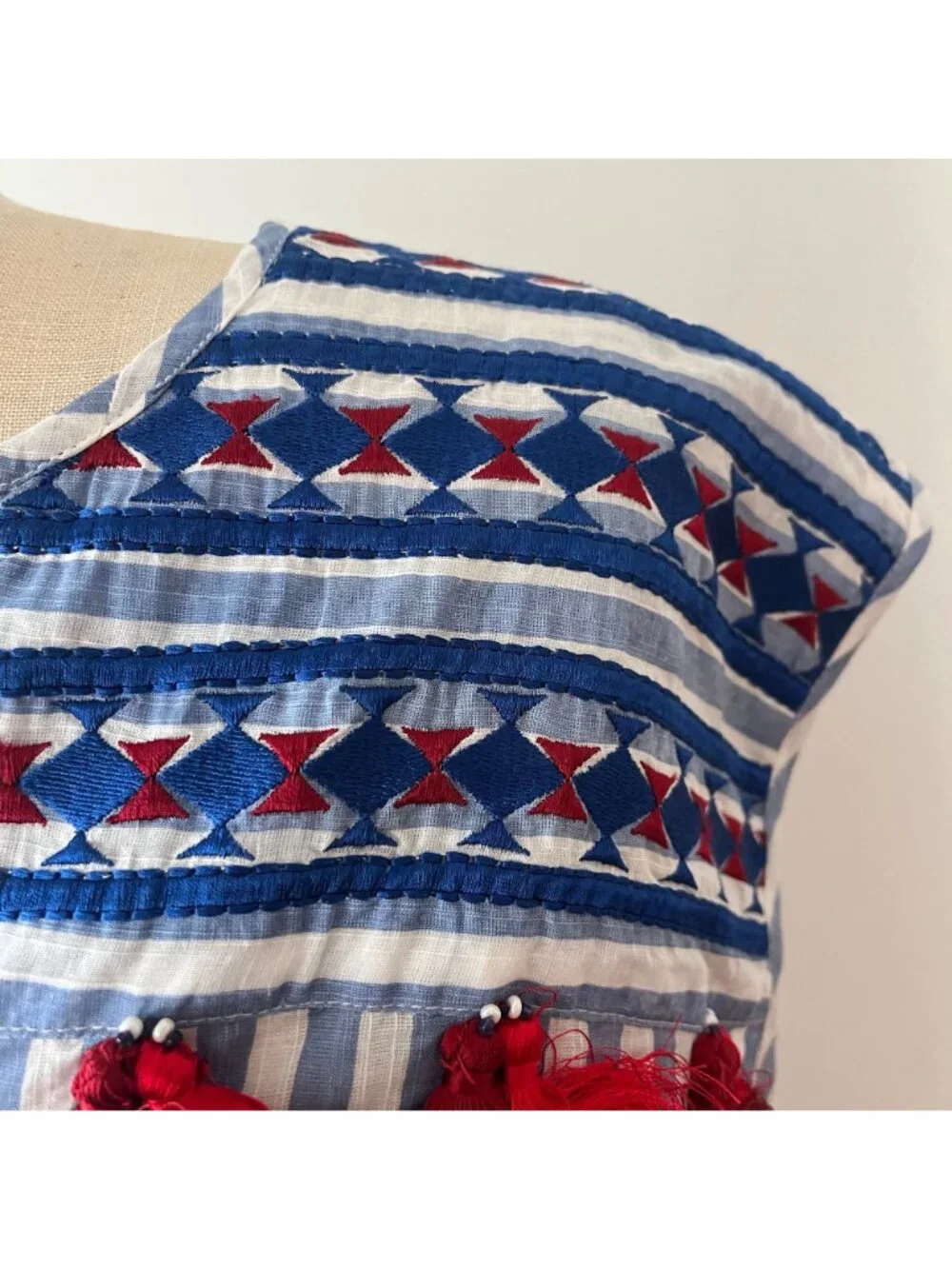 BINDU Sleeveless Tasseled Cotton Embroidered Boho Mini Dress/ Coverup Size Large
